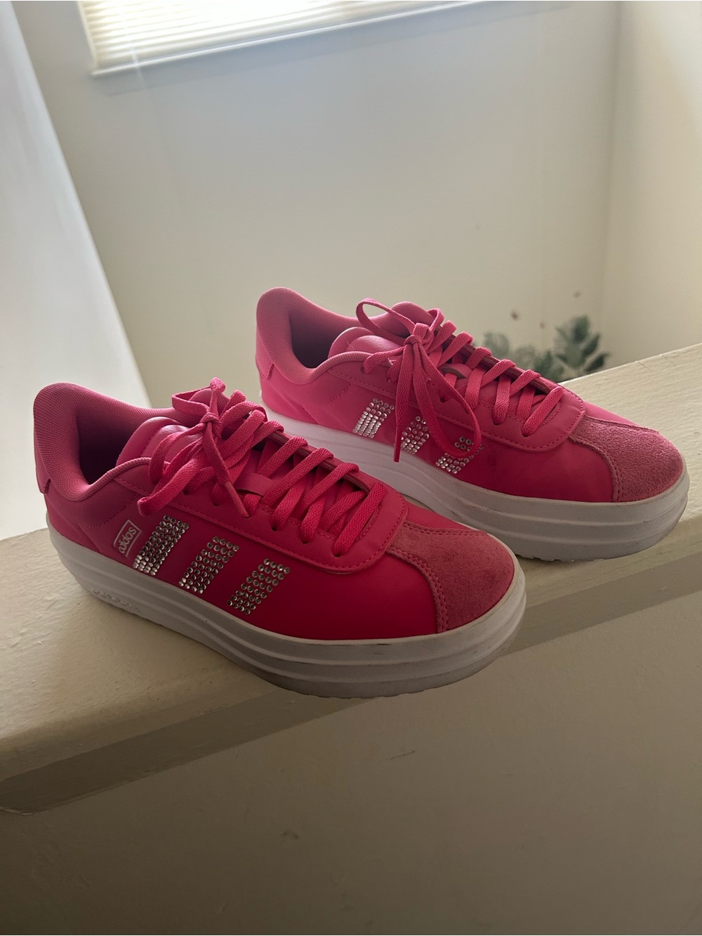 adidas Women's Bright Pink Platform Sneakers with Crystal Stripes